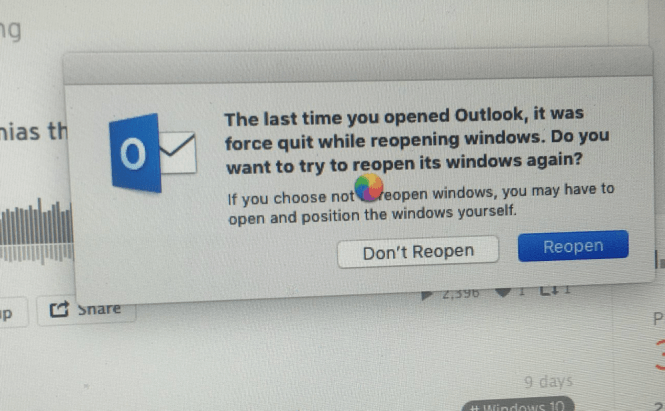 microsoft outlook 2016 crash